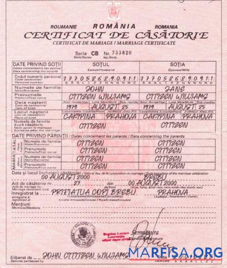 Downloadable Romania vital record marriage certificate download for verification